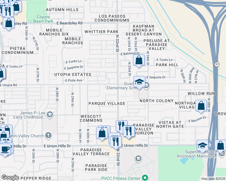 map of restaurants, bars, coffee shops, grocery stores, and more near 3145 East Kristal Way in Phoenix