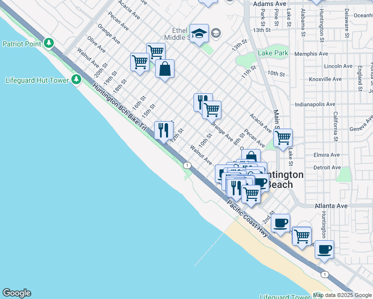 map of restaurants, bars, coffee shops, grocery stores, and more near 116 11th Street in Huntington Beach