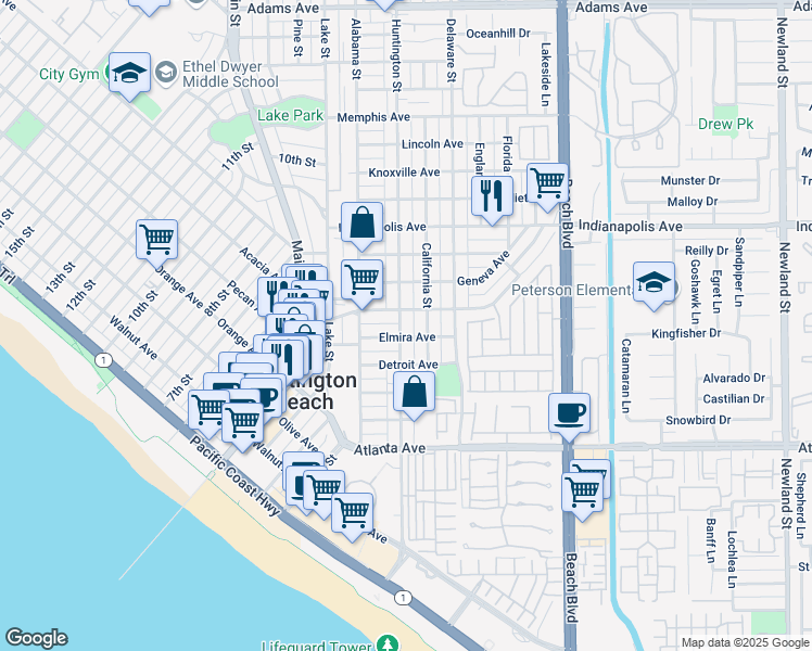 map of restaurants, bars, coffee shops, grocery stores, and more near 504 Huntington Street in Huntington Beach