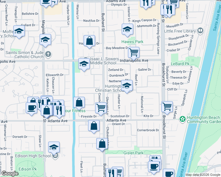 map of restaurants, bars, coffee shops, grocery stores, and more near 9542 Erskine Drive in Huntington Beach
