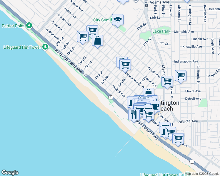map of restaurants, bars, coffee shops, grocery stores, and more near 116 11th Street in Huntington Beach