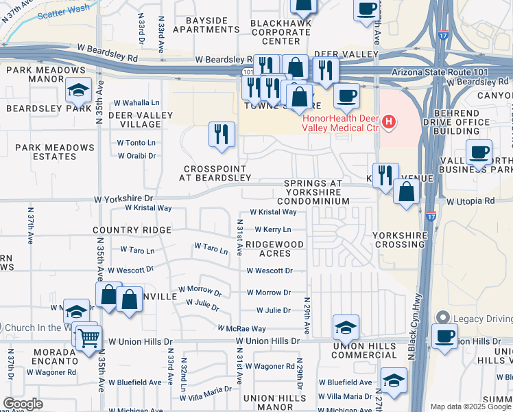 map of restaurants, bars, coffee shops, grocery stores, and more near 3026 West Kristal Way in Phoenix