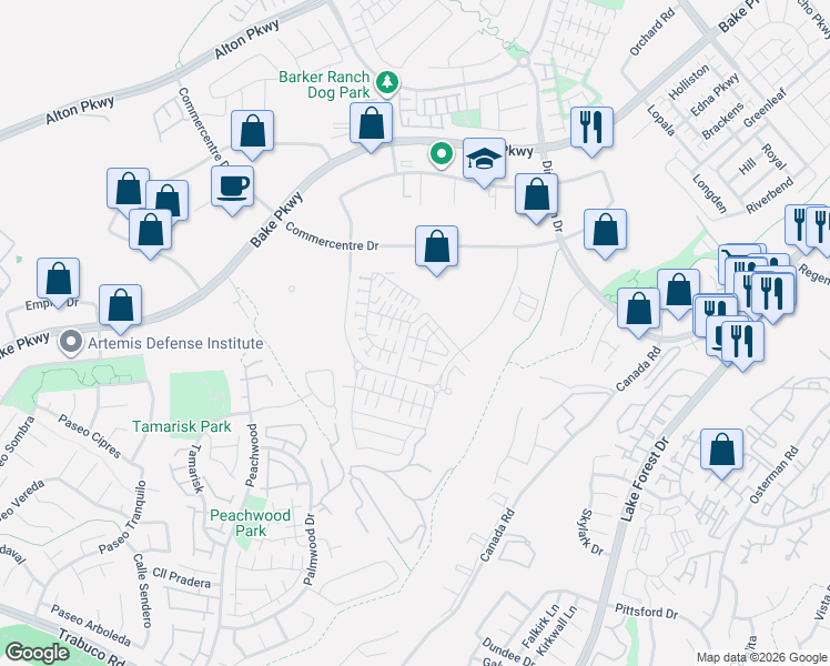 map of restaurants, bars, coffee shops, grocery stores, and more near 335 Adela in Lake Forest