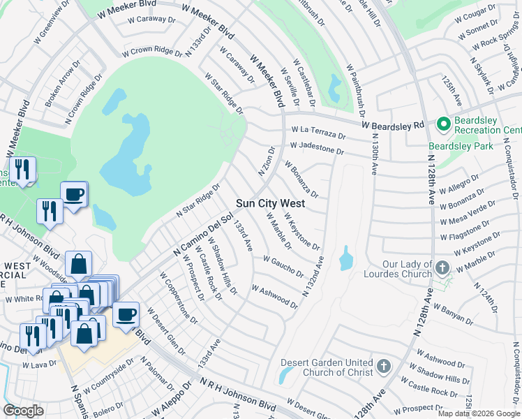 map of restaurants, bars, coffee shops, grocery stores, and more near 13248 West Bellwood Drive in Sun City West