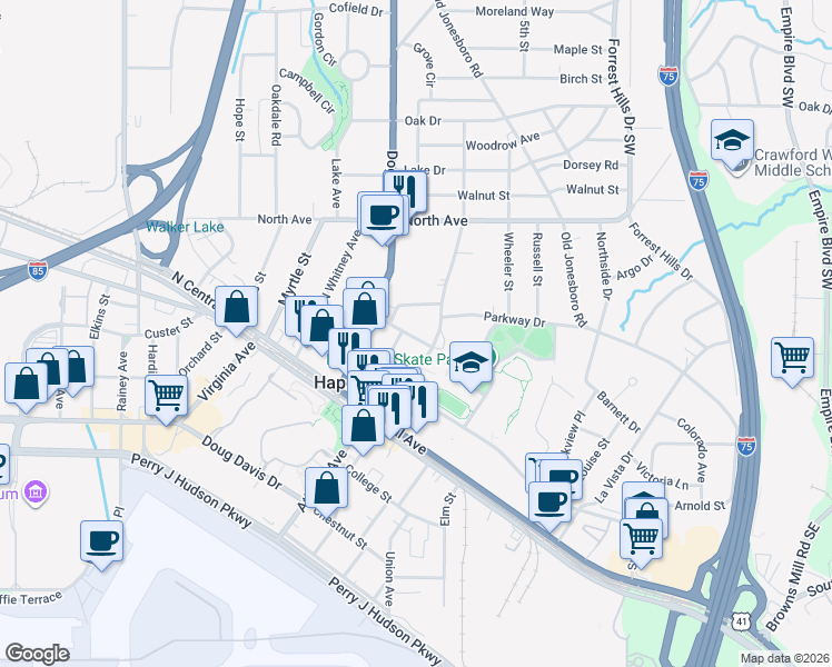 map of restaurants, bars, coffee shops, grocery stores, and more near 576 Marina Street in Atlanta
