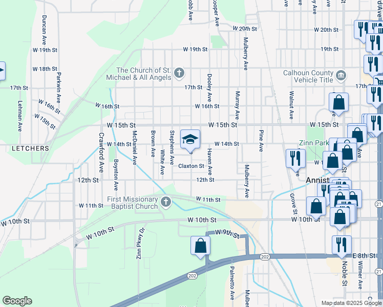 map of restaurants, bars, coffee shops, grocery stores, and more near 1325 Cobb Avenue in Anniston