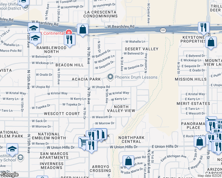 map of restaurants, bars, coffee shops, grocery stores, and more near 19237 North 5th Avenue in Phoenix