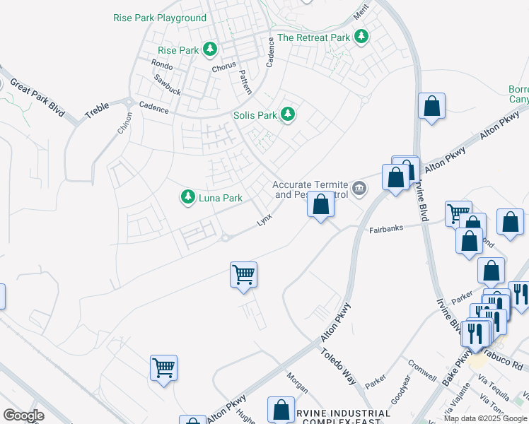 map of restaurants, bars, coffee shops, grocery stores, and more near 471 Flycatcher in Irvine