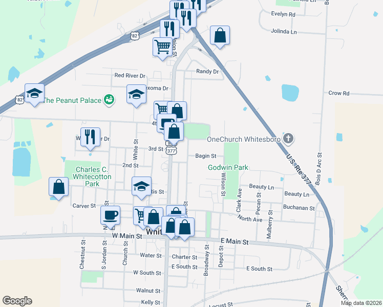 map of restaurants, bars, coffee shops, grocery stores, and more near 500 Center Street in Whitesboro