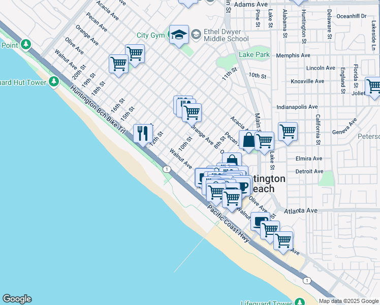 map of restaurants, bars, coffee shops, grocery stores, and more near 211 9th Street in Huntington Beach