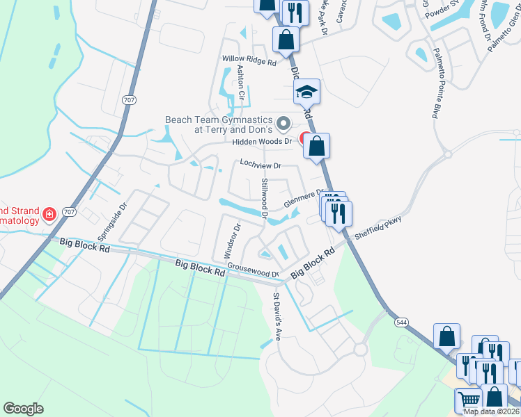 map of restaurants, bars, coffee shops, grocery stores, and more near 3905 Stillwood Drive in Myrtle Beach