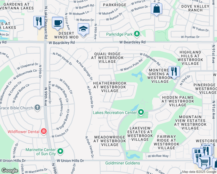 map of restaurants, bars, coffee shops, grocery stores, and more near 19603 North 98th Drive in Peoria