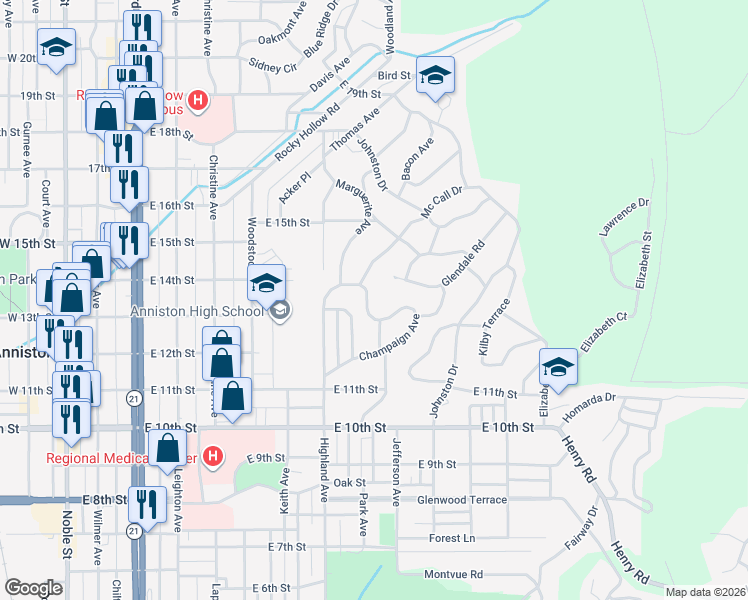 map of restaurants, bars, coffee shops, grocery stores, and more near 1331 Champaign Avenue in Anniston