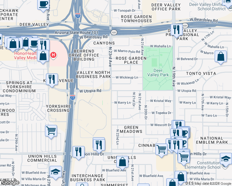 map of restaurants, bars, coffee shops, grocery stores, and more near 19258 North 22nd Lane in Phoenix