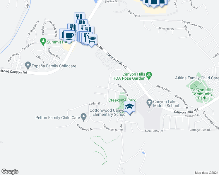 map of restaurants, bars, coffee shops, grocery stores, and more near 31950 Hollyhock Way in Lake Elsinore