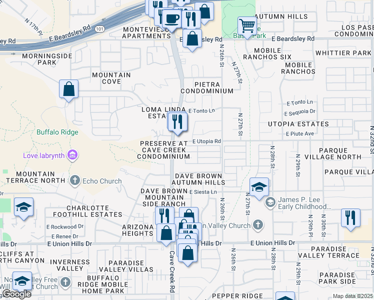 map of restaurants, bars, coffee shops, grocery stores, and more near 19225 North Cave Creek Road in Phoenix