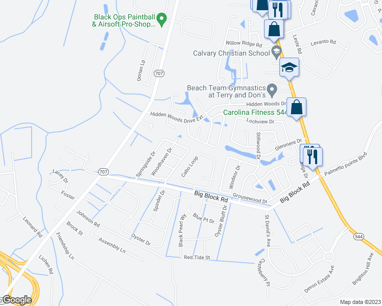 map of restaurants, bars, coffee shops, grocery stores, and more near 7376 Springside Drive in Myrtle Beach