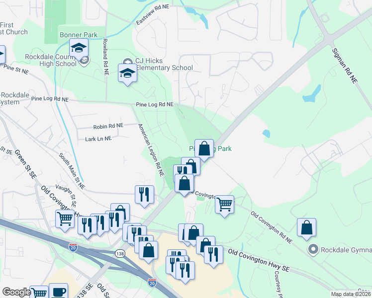 map of restaurants, bars, coffee shops, grocery stores, and more near 1388-1482 Highway 20 in Conyers