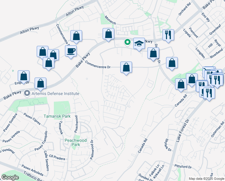 map of restaurants, bars, coffee shops, grocery stores, and more near 176 Denali in Lake Forest