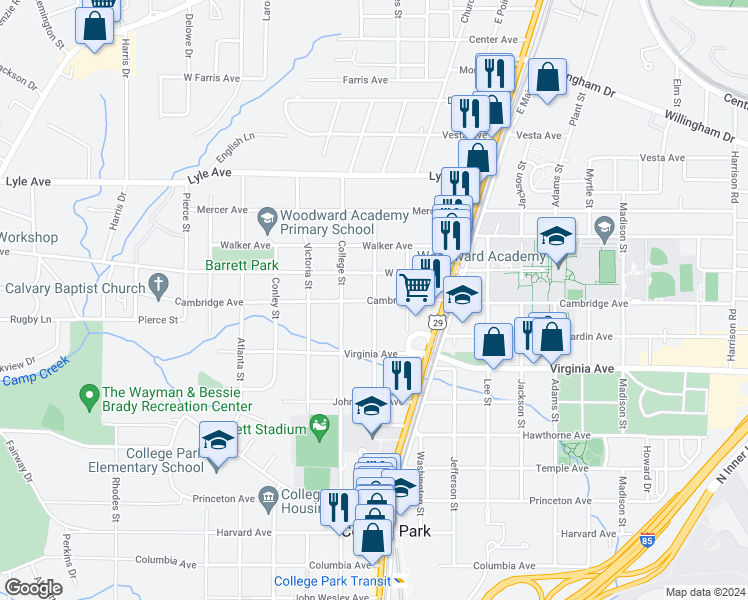 map of restaurants, bars, coffee shops, grocery stores, and more near Cambridge Ave & Hemphill St in College Park