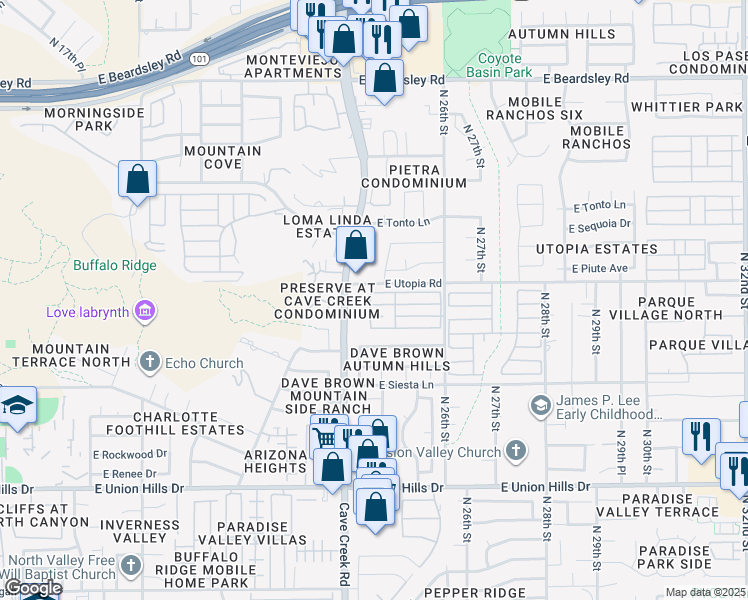 map of restaurants, bars, coffee shops, grocery stores, and more near 19225 North Cave Creek Road in Phoenix