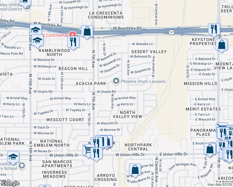 map of restaurants, bars, coffee shops, grocery stores, and more near 19237 North 5th Avenue in Phoenix