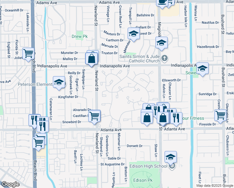 map of restaurants, bars, coffee shops, grocery stores, and more near 8766 Tulare Drive in Huntington Beach