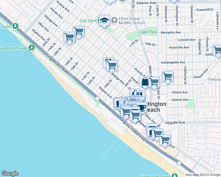 map of restaurants, bars, coffee shops, grocery stores, and more near 211 9th Street in Huntington Beach