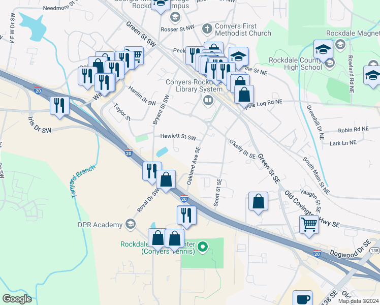 map of restaurants, bars, coffee shops, grocery stores, and more near 1093 Oakland Avenue Southeast in Conyers