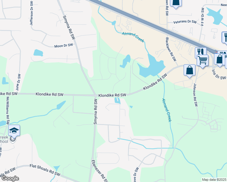 map of restaurants, bars, coffee shops, grocery stores, and more near Maplewood Lane in Conyers
