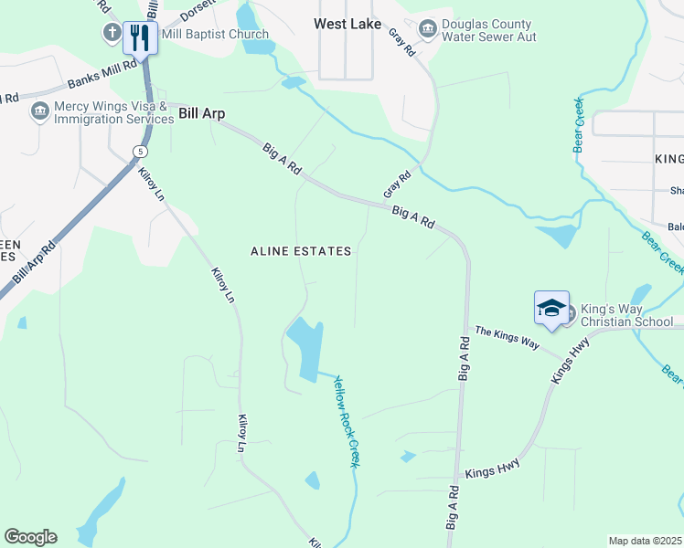 map of restaurants, bars, coffee shops, grocery stores, and more near 5281 Brookshire Court in Douglasville