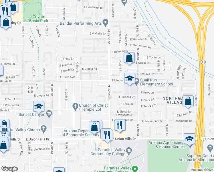 map of restaurants, bars, coffee shops, grocery stores, and more near 3145 East Kristal Way in Phoenix