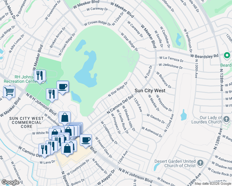 map of restaurants, bars, coffee shops, grocery stores, and more near 19635 North Star Ridge Drive in Sun City West