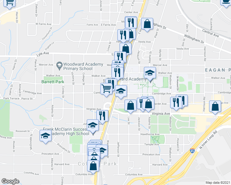 map of restaurants, bars, coffee shops, grocery stores, and more near Main St & Cambridge Ave in College Park
