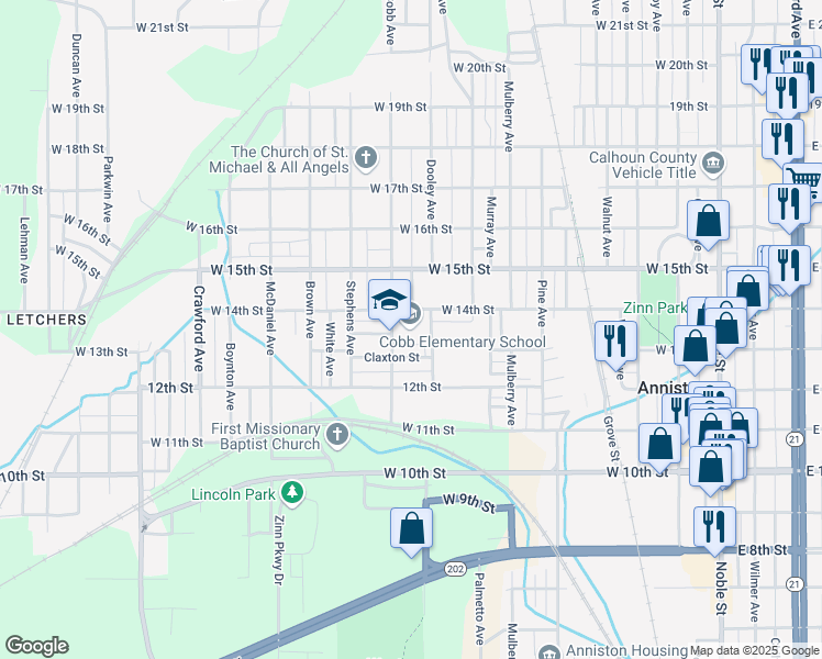 map of restaurants, bars, coffee shops, grocery stores, and more near 1325 Cobb Avenue in Anniston