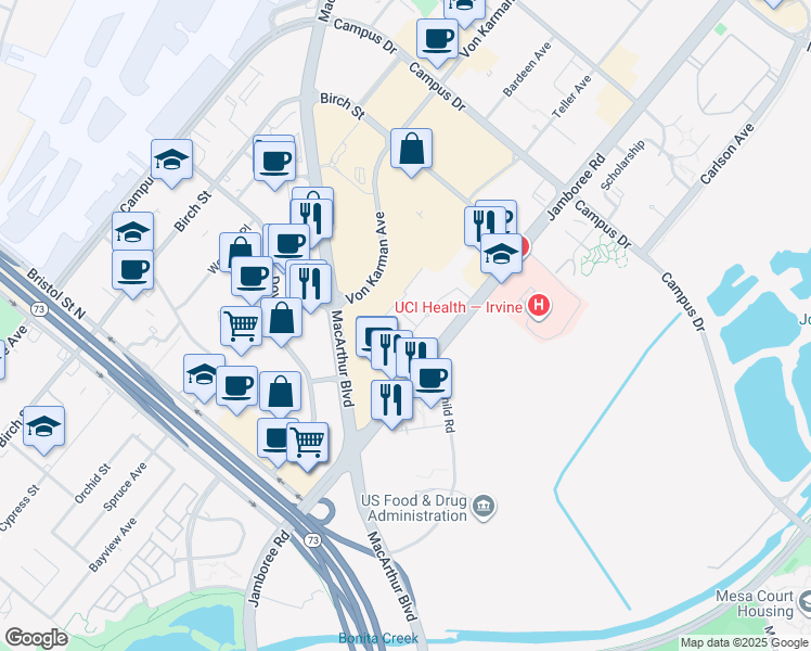 map of restaurants, bars, coffee shops, grocery stores, and more near 4251 Uptown Newport Drive in Newport Beach