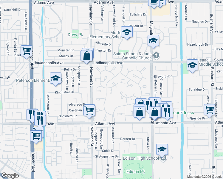 map of restaurants, bars, coffee shops, grocery stores, and more near in Huntington Beach