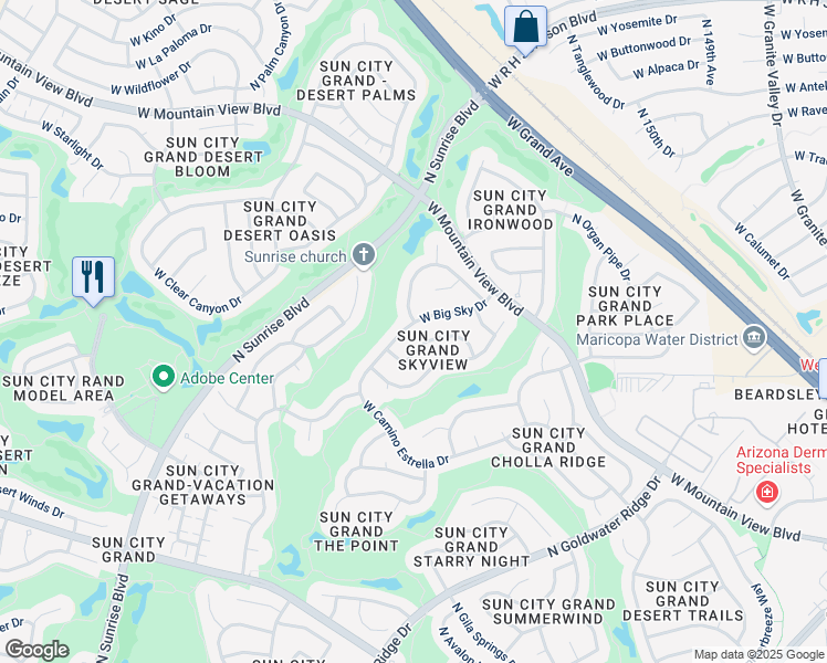 map of restaurants, bars, coffee shops, grocery stores, and more near 15511 West Big Sky Drive in Surprise