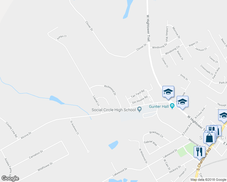 map of restaurants, bars, coffee shops, grocery stores, and more near 318 Richmond Drive in Social Circle