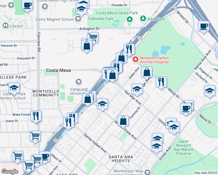 map of restaurants, bars, coffee shops, grocery stores, and more near 2570 Newport Boulevard in Costa Mesa
