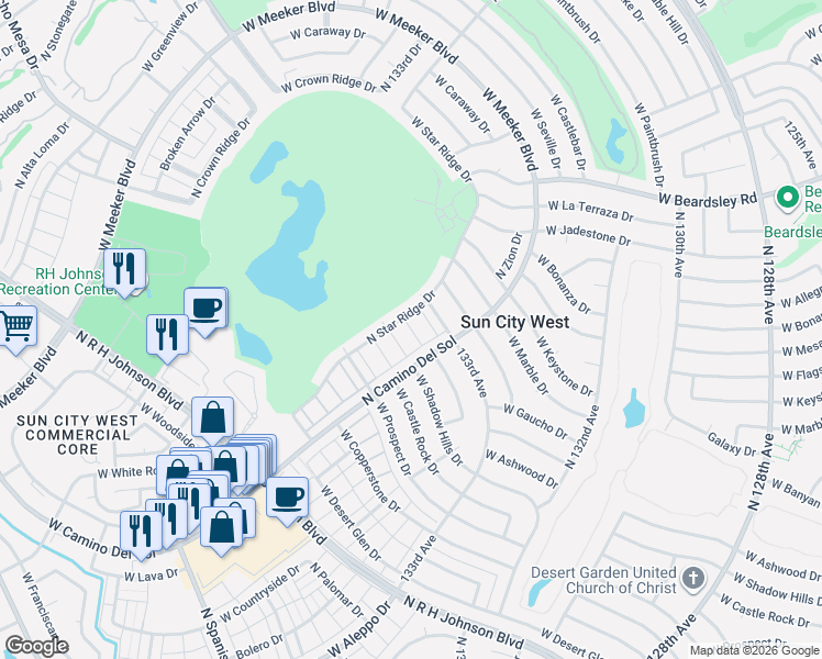 map of restaurants, bars, coffee shops, grocery stores, and more near 12411 West Galaxy Drive in Sun City