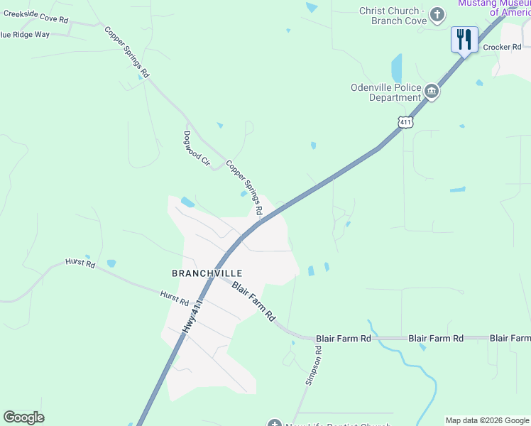 map of restaurants, bars, coffee shops, grocery stores, and more near 11850 Moody Parkway in Odenville