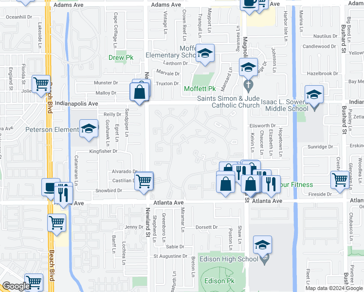 map of restaurants, bars, coffee shops, grocery stores, and more near 8656 Fresno Circle in Huntington Beach