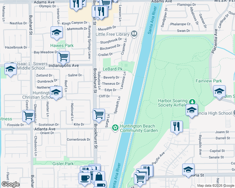 map of restaurants, bars, coffee shops, grocery stores, and more near 10211 Cliff Drive in Huntington Beach
