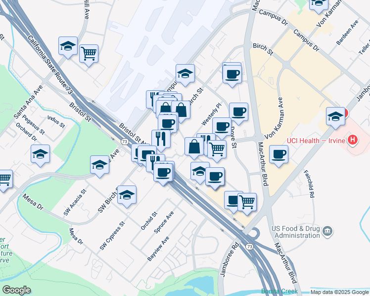 map of restaurants, bars, coffee shops, grocery stores, and more near 1 Upper Newport Plaza Drive in Newport Beach