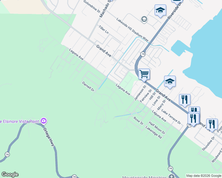 map of restaurants, bars, coffee shops, grocery stores, and more near in Lake Elsinore