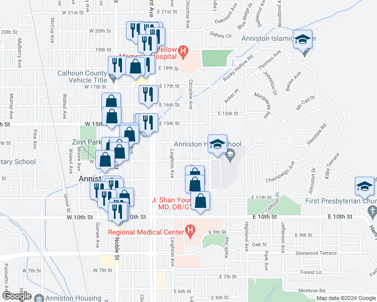 map of restaurants, bars, coffee shops, grocery stores, and more near 1312 Christine Avenue in Anniston