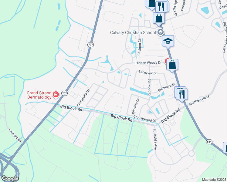 map of restaurants, bars, coffee shops, grocery stores, and more near 7376 Springside Drive in Myrtle Beach