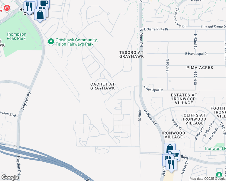 map of restaurants, bars, coffee shops, grocery stores, and more near East Hualapai Drive in Scottsdale