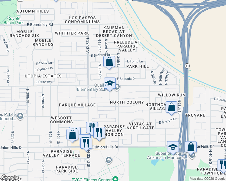 map of restaurants, bars, coffee shops, grocery stores, and more near 3303 East Utopia Road in Phoenix